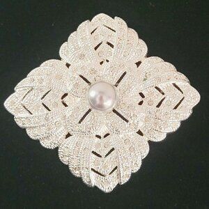 Vintage NAPIER Silvertone Square Flower Pearl Rhinestones Brooch Sparkle BIG